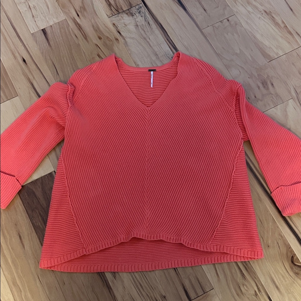 Free People Vibrant Coral V-Neck Sweater